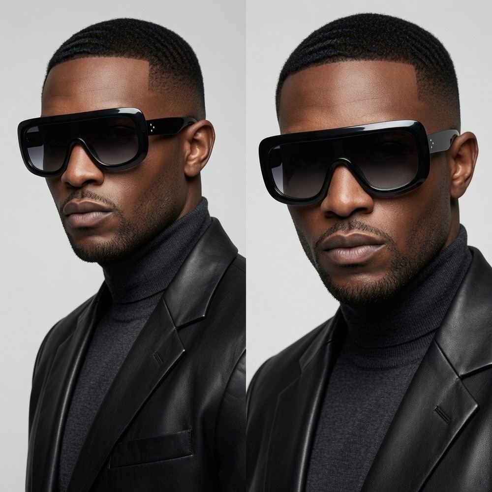 Mens Oversized Black Shield Sunglasses Flat Top Gradient Gray Lens‎ Square Frame